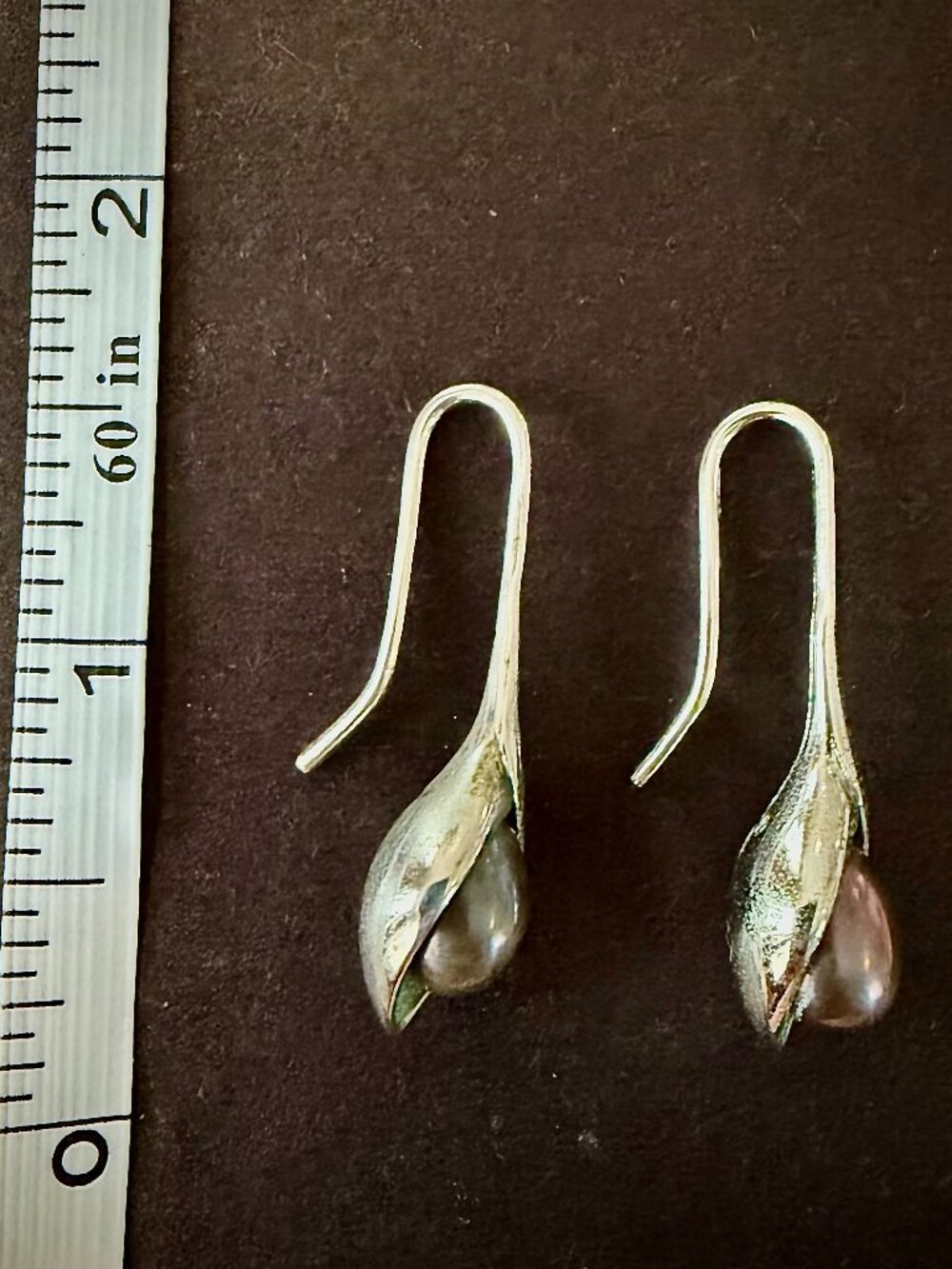 Artisan Sterling Silver Freshwater Pearl Dangle Earrings Lily Pod Design